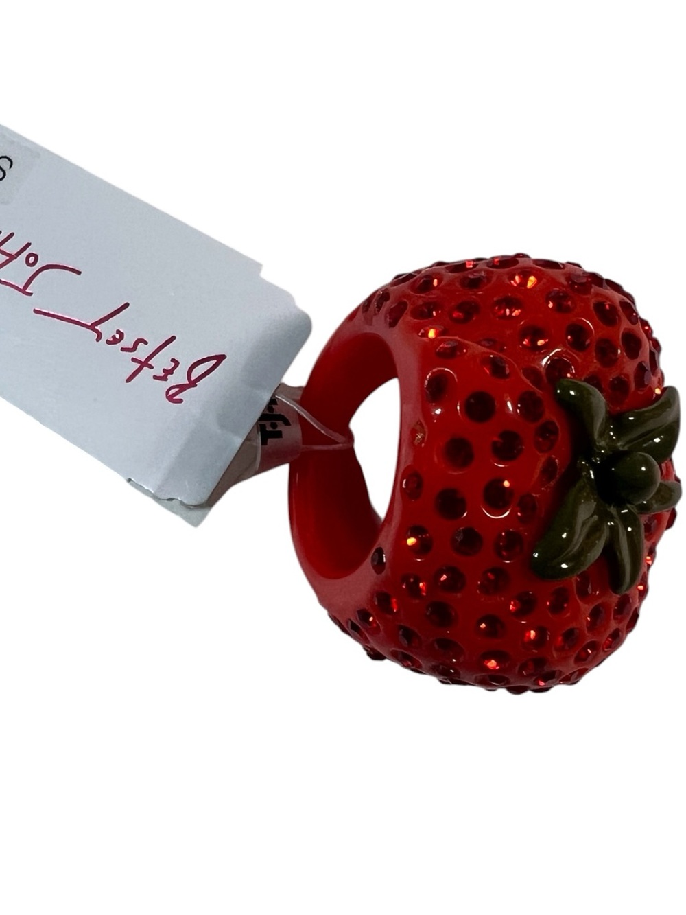 Betsey Johnson Red Strawberry Cocktail Ring with Green Leaf - Picture 3 of 10